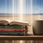 Canadian novels on a desk with subtle streaming-style light rays in the background, suggesting Netflix adaptations of multicultural Canadian literature.