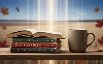 Canadian novels on a desk with subtle streaming-style light rays in the background, suggesting Netflix adaptations of multicultural Canadian literature.