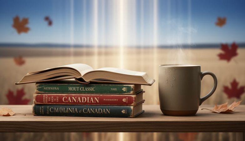 Canadian novels on a desk with subtle streaming-style light rays in the background, suggesting Netflix adaptations of multicultural Canadian literature.