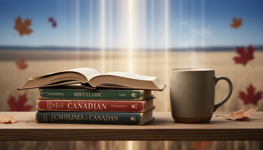 Canadian novels on a desk with subtle streaming-style light rays in the background, suggesting Netflix adaptations of multicultural Canadian literature.