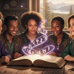 Canadian BIPOC authors gathered around an open fantasy book with glowing magical light emanating from the pages in a softly lit library.