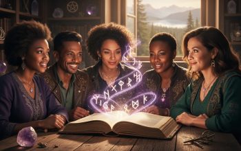 Canadian BIPOC authors gathered around an open fantasy book with glowing magical light emanating from the pages in a softly lit library.
