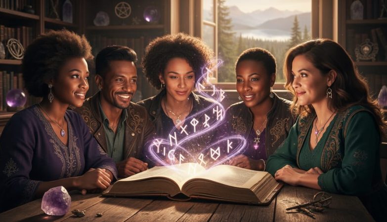 Canadian BIPOC authors gathered around an open fantasy book with glowing magical light emanating from the pages in a softly lit library.