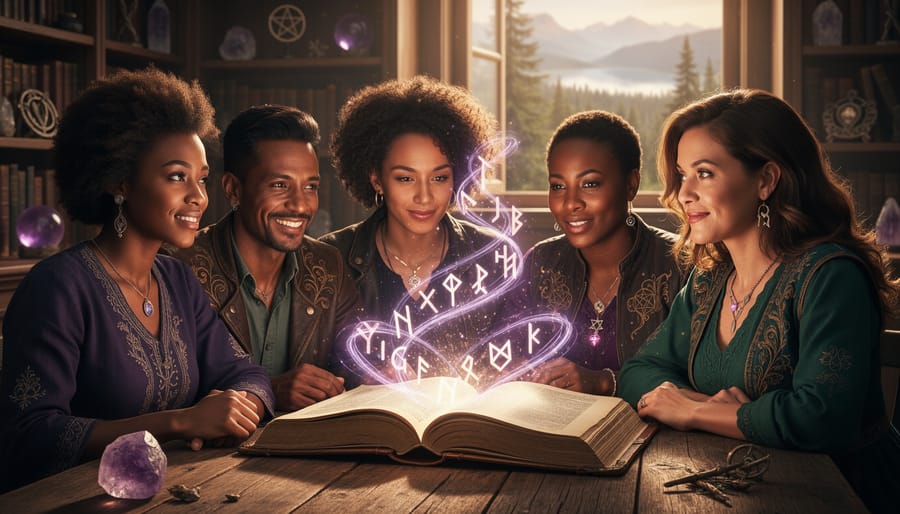 Canadian BIPOC authors gathered around an open fantasy book with glowing magical light emanating from the pages in a softly lit library.