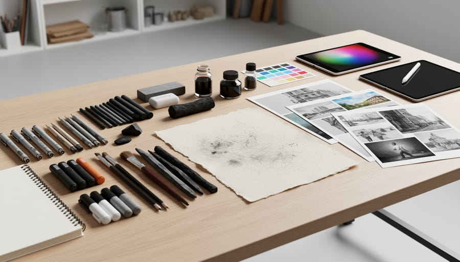 Artist studio table with charcoal, graphite pencils, sketchbooks, and a digital tablet used for contemporary drawing.