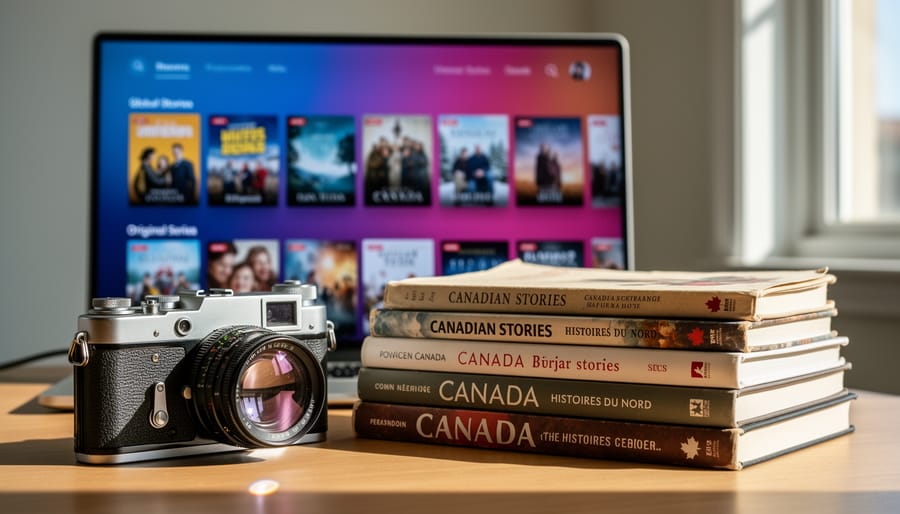Film camera and stack of Canadian novels on a wooden desk by a window