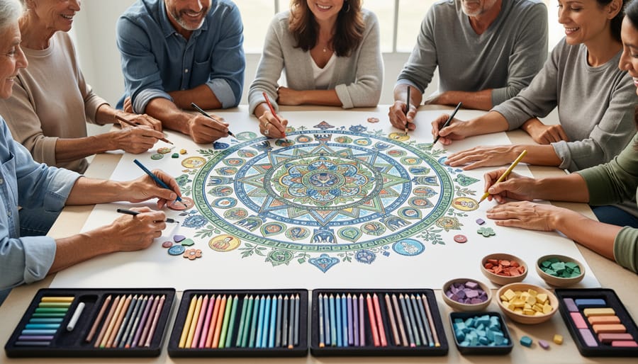 Overhead view of adults collaborating on a circular mandala with brushes and colored pastels in an art classroom.