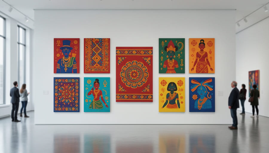 Colorful adult art pieces shown on a table with paint swatches indicating distinct cultural color palettes.