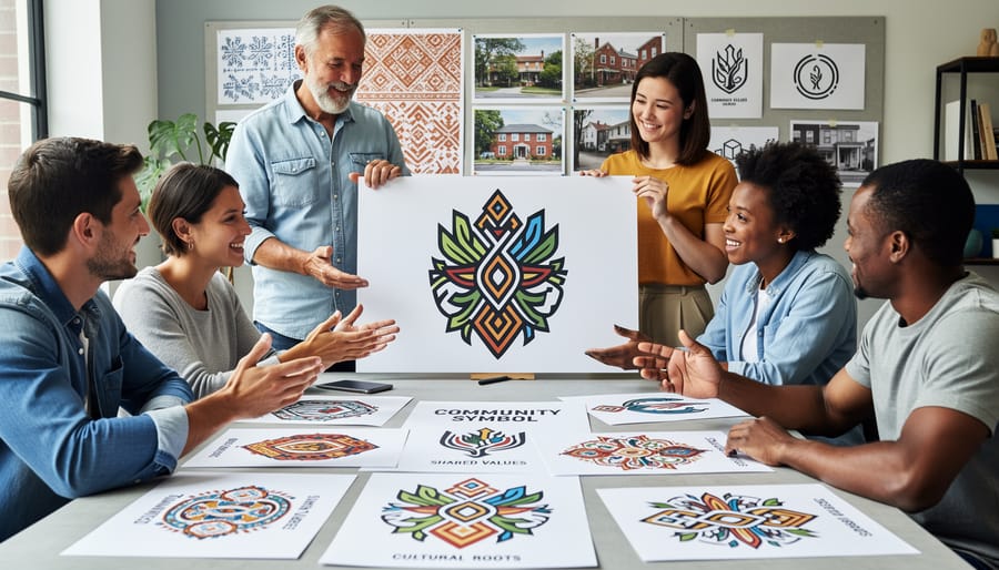 Adults collaboratively painting and assembling a symbol design on paper during a community crest art game.
