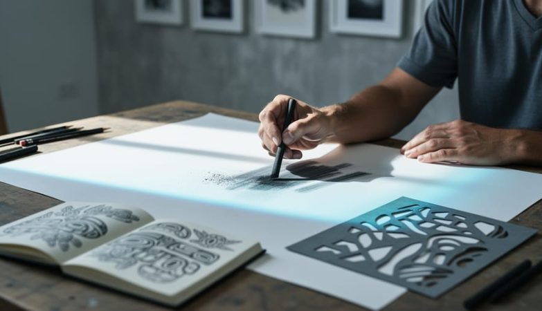 An artist’s hand drawing with charcoal on paper in a Canadian studio, with mixed drawing materials and a faint projection glow in the background.