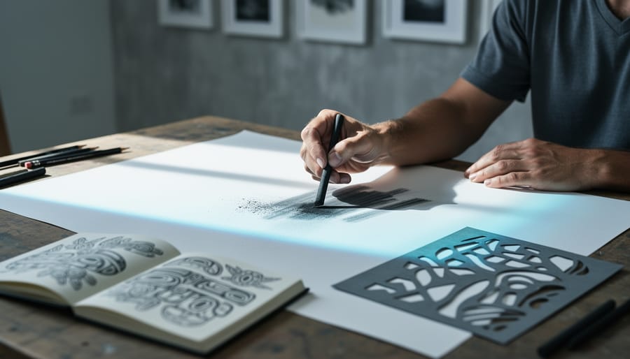 An artist’s hand drawing with charcoal on paper in a Canadian studio, with mixed drawing materials and a faint projection glow in the background.
