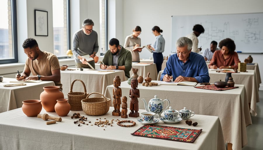 Cultural still life arrangement with ceramic tea set, tartan fabric, pottery bowl, and carved soapstone figurine on an art table.