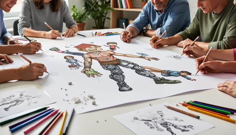 Adults in a circle adding ink lines to a long surreal drawing sheet for an exquisite corpse game.