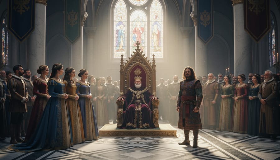 Empty fantasy throne in a dimly lit court with carved geometric patterns