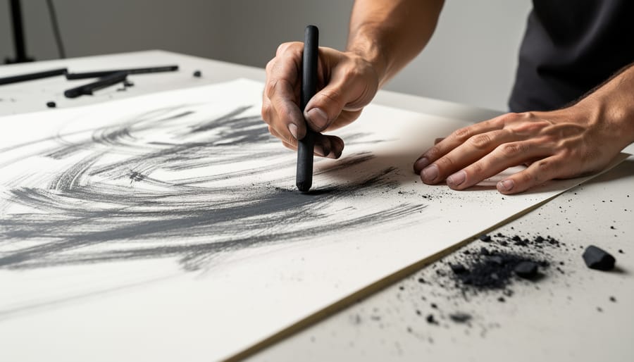 Artist’s hands drawing gestural charcoal marks on a large sheet of paper on a gallery floor.
