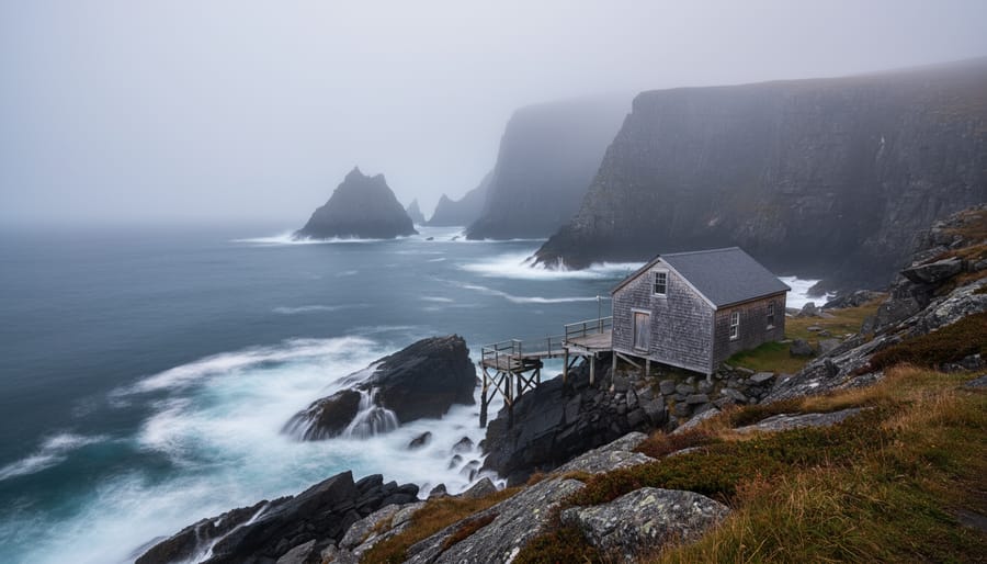 Misty rocky shoreline with distant lighthouse glow