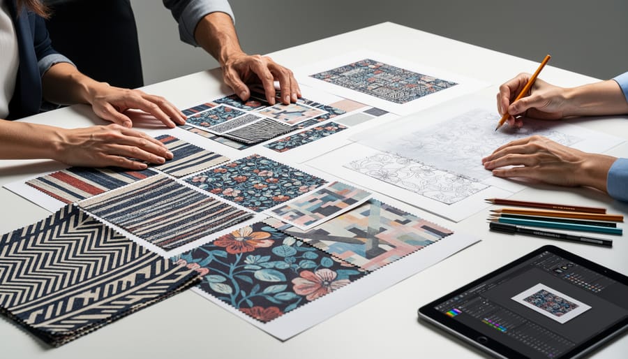 Adults sketching geometric textile pattern cards around a table during a pattern exchange art game.