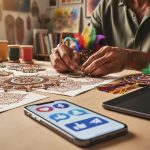 Artists’ hands create diverse cultural artwork on a shared table, with a smartphone in the foreground showing generic upvote-style icons.