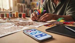Artists’ hands create diverse cultural artwork on a shared table, with a smartphone in the foreground showing generic upvote-style icons.