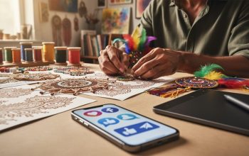 Artists’ hands create diverse cultural artwork on a shared table, with a smartphone in the foreground showing generic upvote-style icons.