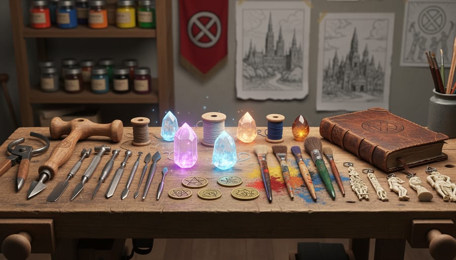 Close-up tabletop scene with art tools, a bronze mechanical dragon figurine, and glowing ink items
