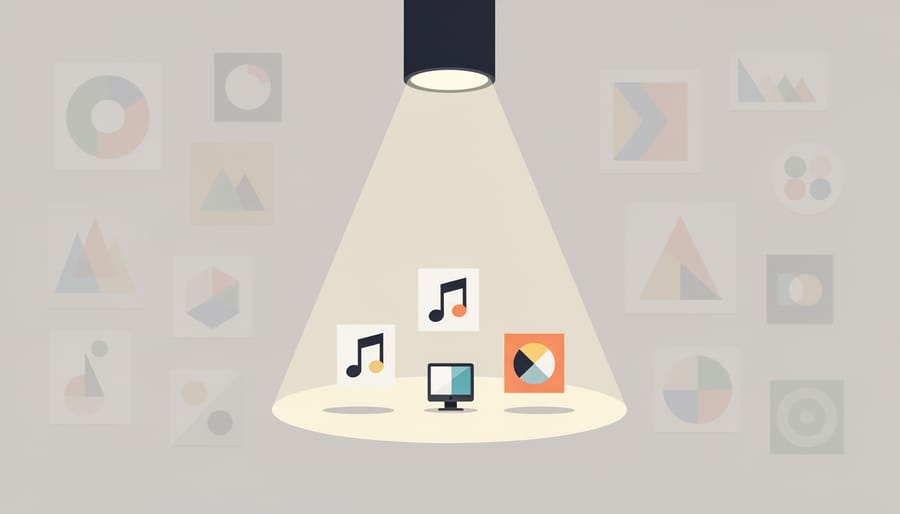 A spotlight illuminating a rotating selection of artwork prints on a dark table, symbolizing community focus.