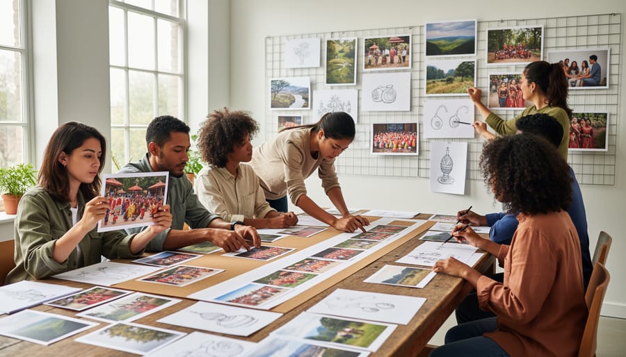 Adult art learners creating separate illustrated story panels on canvas squares on a table during a collaborative storytelling art game.